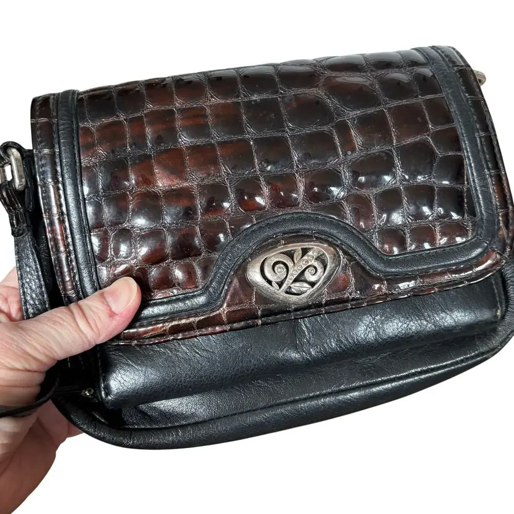 Vintage Brighton crossbody bag shoulder bag purse BLACK & brown moc croc FLAW